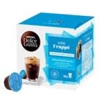 ced Frappé Nescafe Dolce Gusto, Dolce Gusto Iced Frappé pods, refreshing coffee pods, creamy cold coffee capsules, iced coffee with caramel notes, coffee crema pods, Dolce Gusto summer coffee, 16 pod pack, customizable iced coffee, barista-style cold coffee, coffee with cereal notes