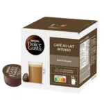 NESCAFE Dolce Gusto Café au Lait Intenso, bold café au lait pods, intense coffee with milk, Dolce Gusto coffee capsules, Robusta coffee pods, creamy milk coffee pods, strong coffee capsule, Italian-style café au lait, 16 pods pack, medium-dark roast coffee, smooth and intense coffee, UK coffee brand